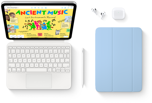 Images des produits suivants : iPad, Magic Keyboard Folio, Apple Pencil, AirPods et Smart Folio.