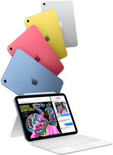 iPad en bleu, rose, jaune et argent, et iPad associé à un Magic Keyboard Folio avec un Apple Pencil