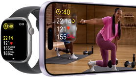 Apple Watch Series 11, boîtier en aluminium noir de jais, données de l’app Exercice, Bracelet Sport brume violette, vidéo d’un entraînement en cours de lecture sur l’iPhone jumelé