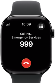 Apple Watch Series 11, boîtier en aluminium noir de jais, appel d’urgence en cours à l’écran, côté droit : Digital Crown, Bracelet Sport noir
