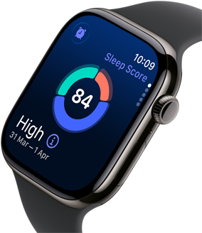 Gros plan d’une Apple Watch Series 11 avec un boîtier en titane ardoise, affichant le Score de sommeil à l’écran