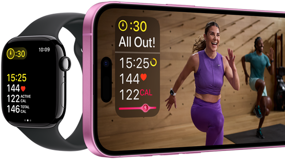 Données d’exercice sur une Apple Watch Series 10 et un iPhone
