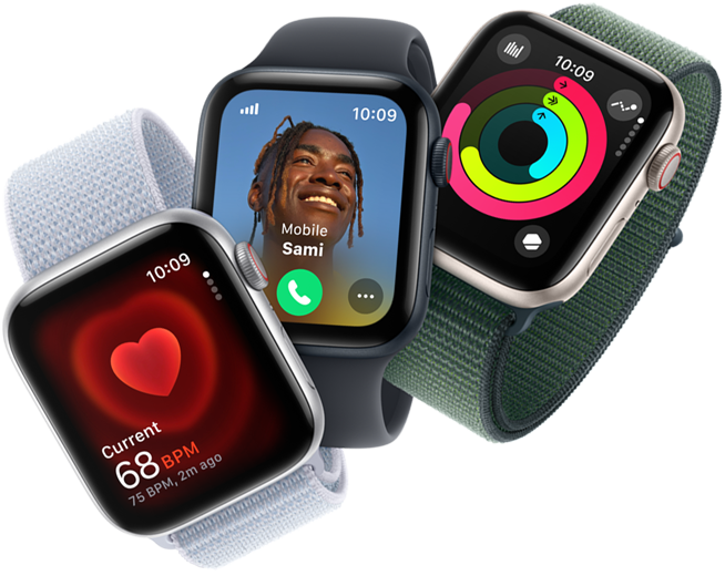 Surveillance de la fréquence cardiaque, appel entrant et anneaux Activité sur trois Apple Watch