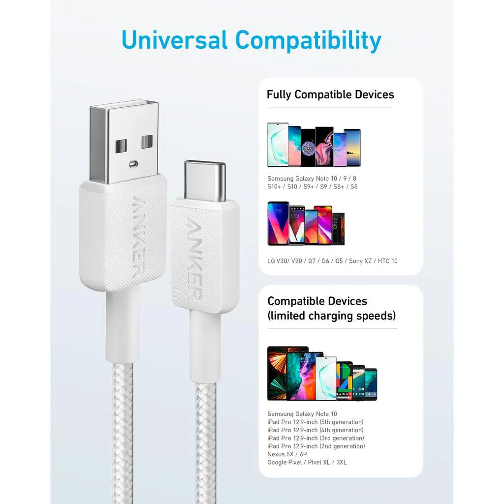 Anker 322 PowerLine USB A to USB C Fast Charging 6ft/1.8m White