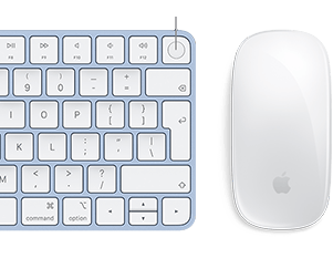 Gros plan sur un Magic Keyboard et une Magic Mouse de couleur assortie, avec mise en évidence de l’empreinte digitale Touch ID
