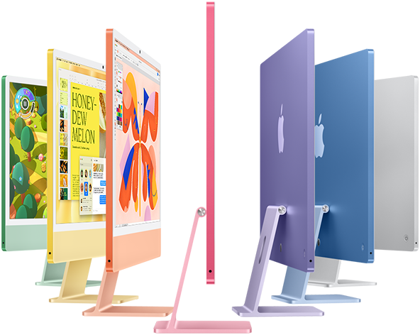iMac. Brillant. Vue de plusieurs iMac en vert, jaune, orange, rose, mauve, bleu et argent