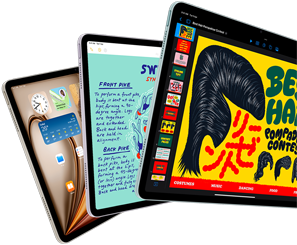 Trois écrans d’iPad Air montrant iPadOS et des fonctionnalités d’apps