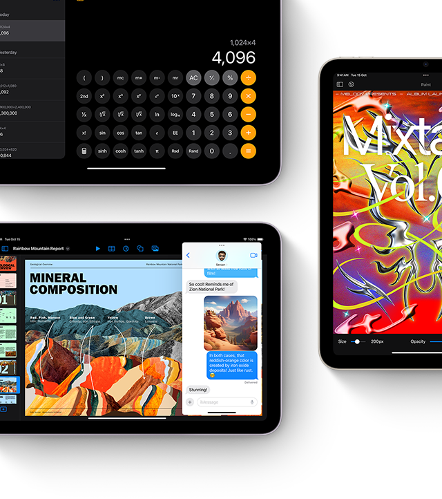 Trois écrans d’iPad mini montrent iPadOS et des fonctionnalités d’apps