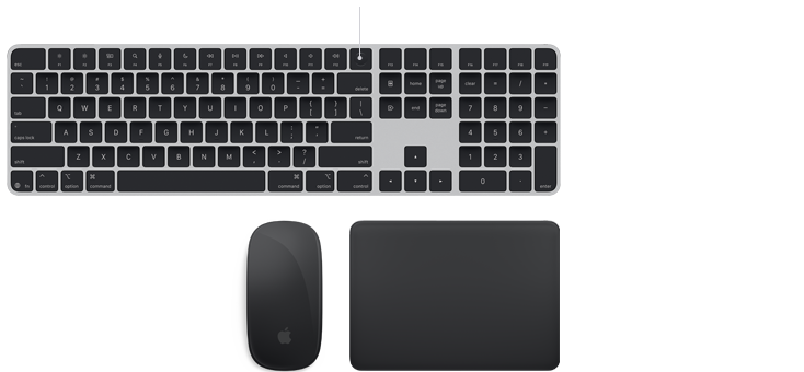 Accessoires Magic : Magic Keyboard avec Touch ID, Magic Mouse et Magic Trackpad tous en gris sidéral, côte à côte