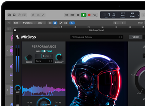 Contenu d’écran montrant le logiciel MicDrop utilisant des fonctionnalités d’IA pour monter un enregistrement vocal sur un MacBook Pro