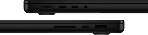 Vue rapprochée des ports d’un MacBook Pro – côté gauche : MagSafe 3, deux ports Thunderbolt et prise casque – côté droit : lecteur de carte SDXC, port Thunderbolt et port HDMI