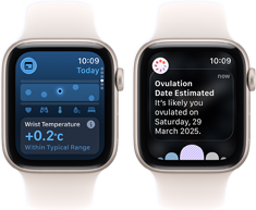 Deux Apple Watch SE 3 avec boîtiers en aluminium lumière stellaire affichent l’app Signes vitaux