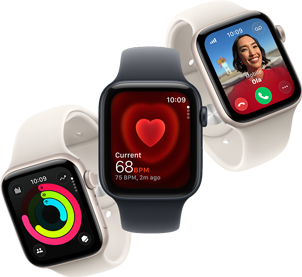 Trois Apple Watch SE 3 flottent les unes à côté des autres