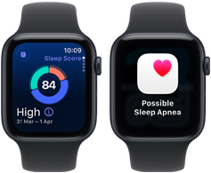 Deux Apple Watch SE 3 avec boîtiers en aluminium minuit affichent un score de sommeil et une alerte de possible apnée du sommeil