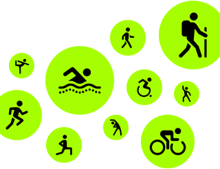 Icônes Exercice, personnages animés en train de courir, marcher, nager, se déplacer en fauteuil, randonner, faire du vélo, faire des fentes, danser, s’étirer et faire du yoga