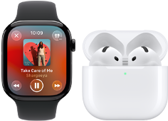 Apple Watch Series 11, boîtier en titane ardoise, bracelet : Bracelet Sport noir, app Apple Music ouverte, associée à des AirPods 4