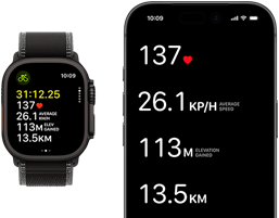 Les données d’un exercice en cours sur une Apple Watch Ultra 3 et un iPhone