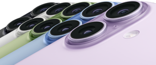 iPhone 17, rear exterior, Fusion dual-camera system, all five colors overlapping: Black, White, Sage, Mist Blue, and Lavender