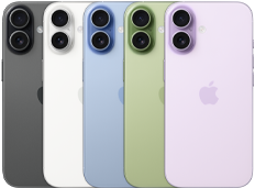iPhone 17, rear exterior, Fusion dual-camera system, all five colors overlapping: Black, White, Sage, Mist Blue, and Lavender