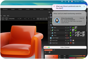 A designer designing a chair using a 3D design app, with Siri's response from ChatGPT to his question about the adhesive texture