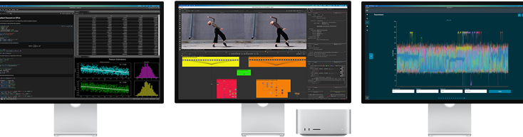 Image of a Mac Studio and three Studio Display screens all showing different macOS applications on the screen