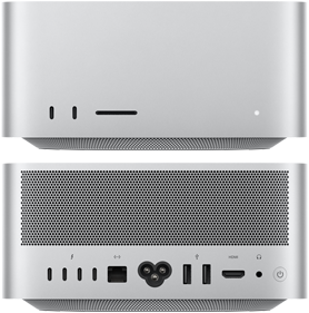 2 front USB-C ports for Mac Studio, an SDXC card reader, and a rear view of four USB-C ports, two USB-A ports, an Ethernet port, an HDMI connection, and a headphone jack