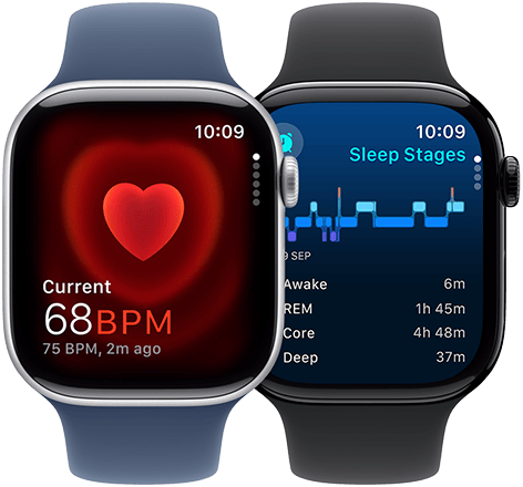 Deux Apple Watch Series 10, l’une affichant l’app Fréquence cardiaque avec une mesure à 68 BPM, et l’autre une notification d’apnée du sommeil.