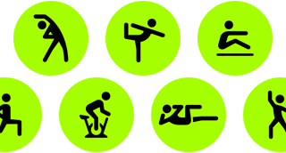 Activités de l’app Exercice, notamment Fauteuil, Yoga, Rameur, Renforcement fonctionnel, Basket-ball, Vélo d’intérieur et Gainage, représentées par des icônes