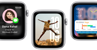 App Traduire, app Accompagnement, cadran Photos, cadran Modulaire et app Signes vitaux sur cinq Apple Watch SE