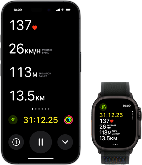 Vue Activité en direct montrant les données relatives à la pratique du vélo d’une personne à la fois sur son Ultra 2 et sur son iPhone